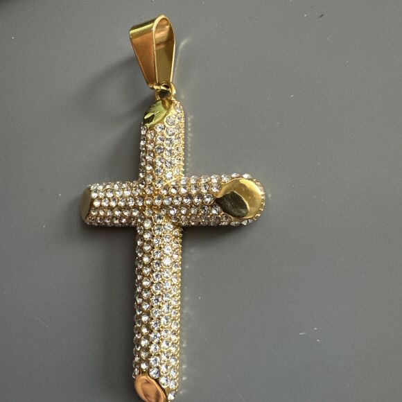 Cross Pendant Stainless Steel Cubic Zirconia 24” Chain Necklace Hip Hop Gold Men - Picture 2 of 6